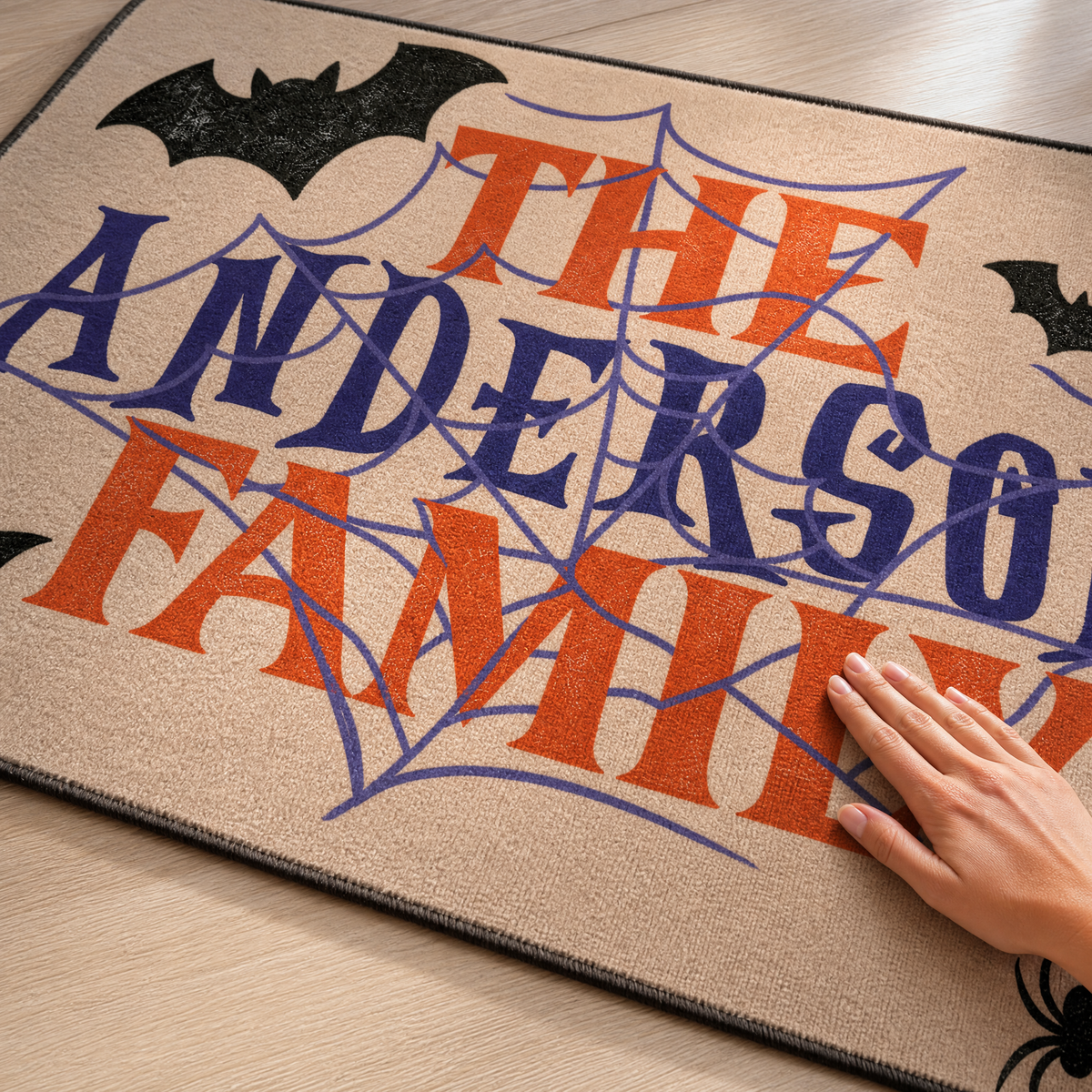 Personalized Halloween Spider Web Bat Rug Custom Family Name Home Decor Floor Mat