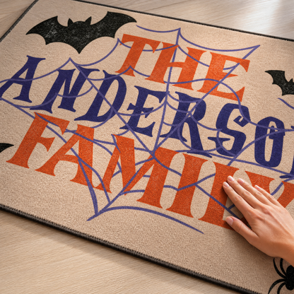 Personalized Halloween Spider Web Bat Rug Custom Family Name Home Decor Floor Mat