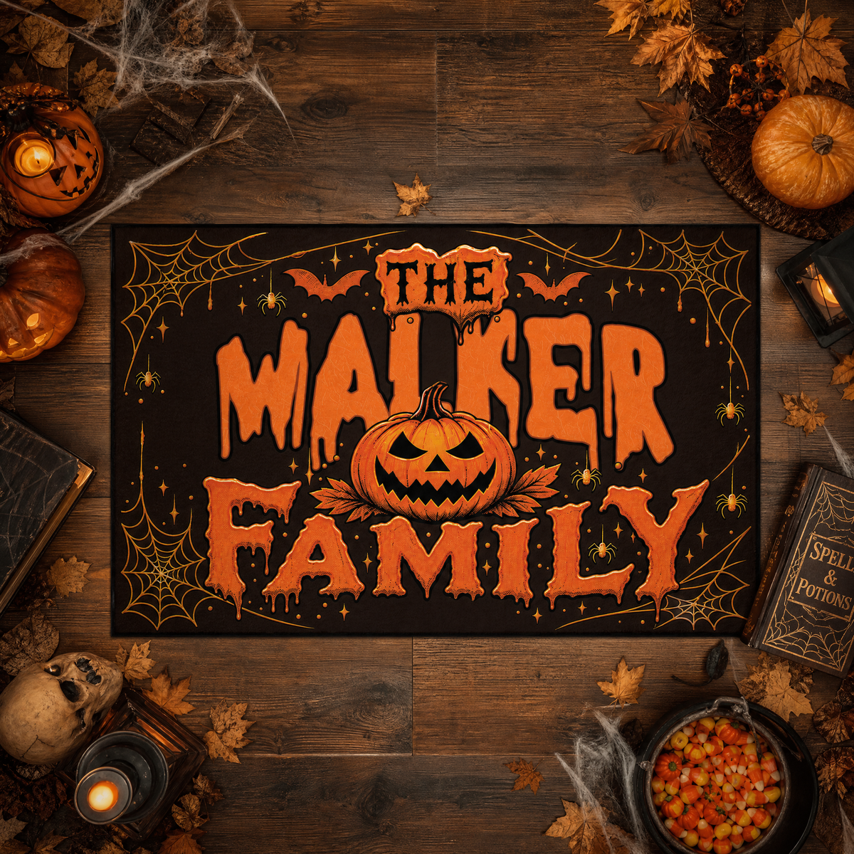 Personalized Halloween Spooky Pumpkin Dripping Text Rug Custom Family Name Home Decor Floor Mat