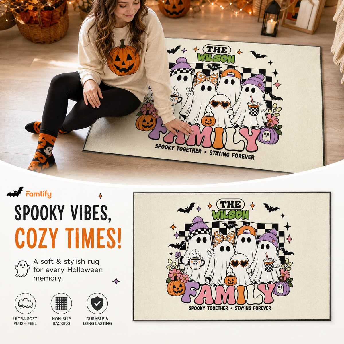 Personalized Halloween Cute Groovy Ghost Family Rug Custom Name Home Decor Floor Mat