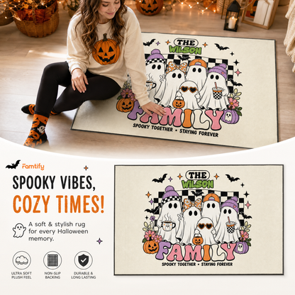Personalized Halloween Cute Groovy Ghost Family Rug Custom Name Home Decor Floor Mat