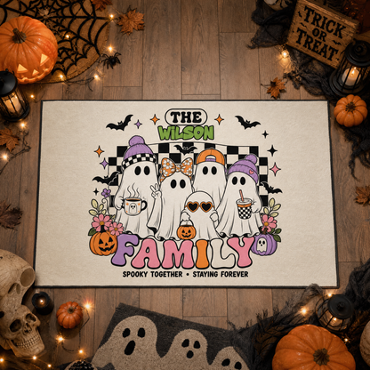 Personalized Halloween Cute Groovy Ghost Family Rug Custom Name Home Decor Floor Mat