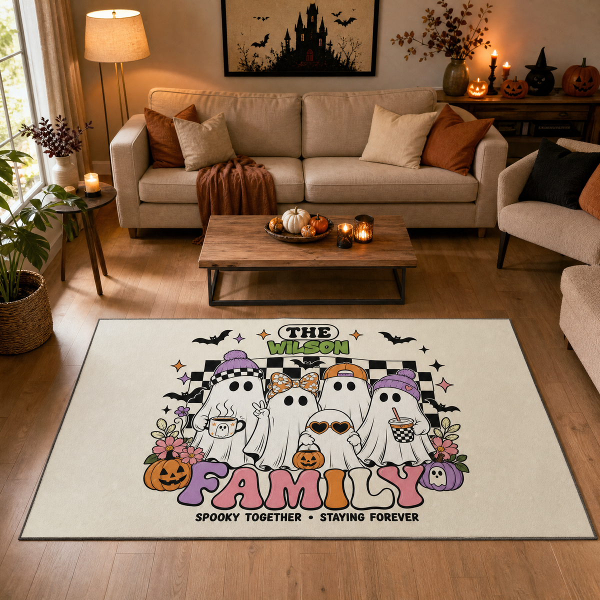 Personalized Halloween Cute Groovy Ghost Family Rug Custom Name Home Decor Floor Mat