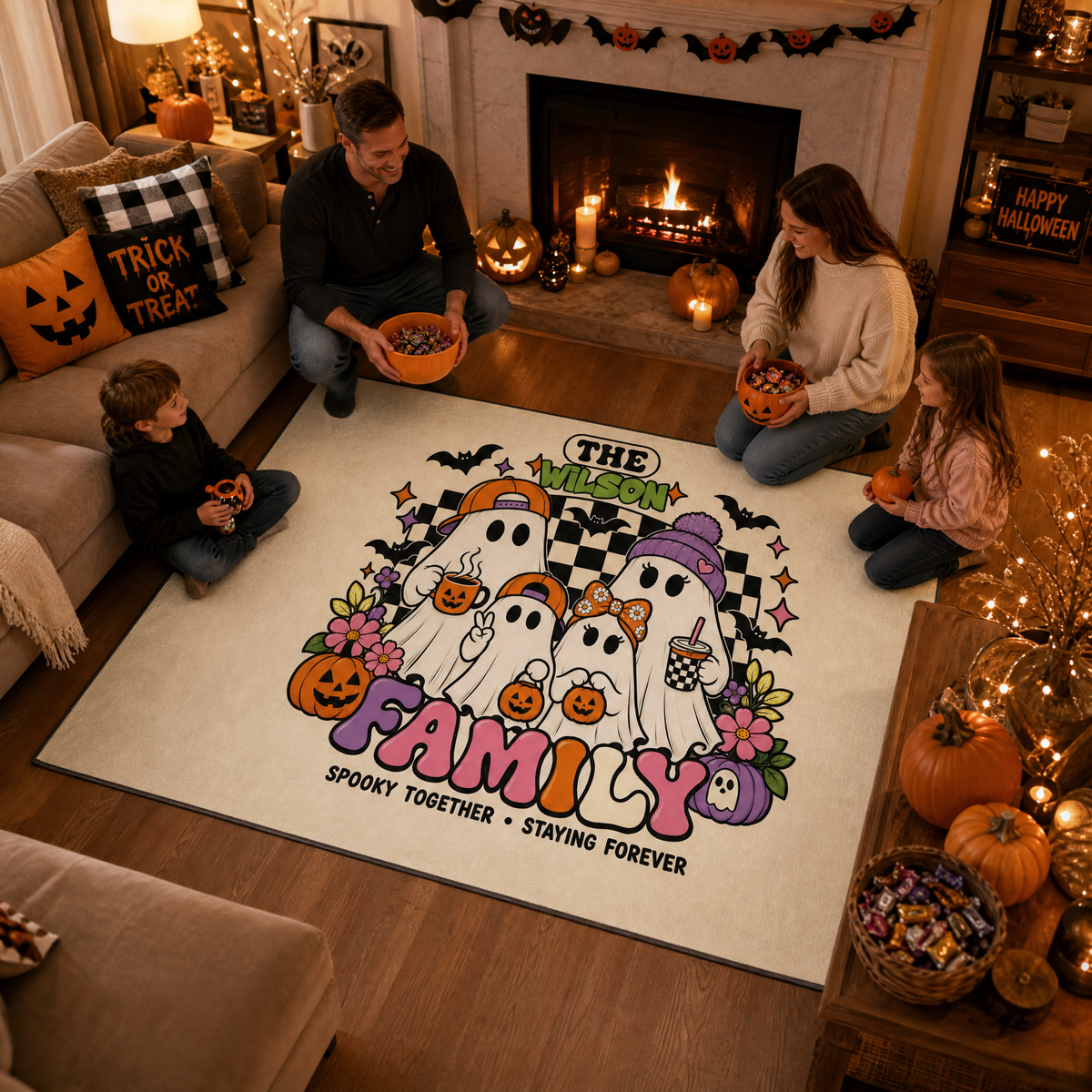 Personalized Halloween Cute Groovy Ghost Family Rug Custom Name Home Decor Floor Mat