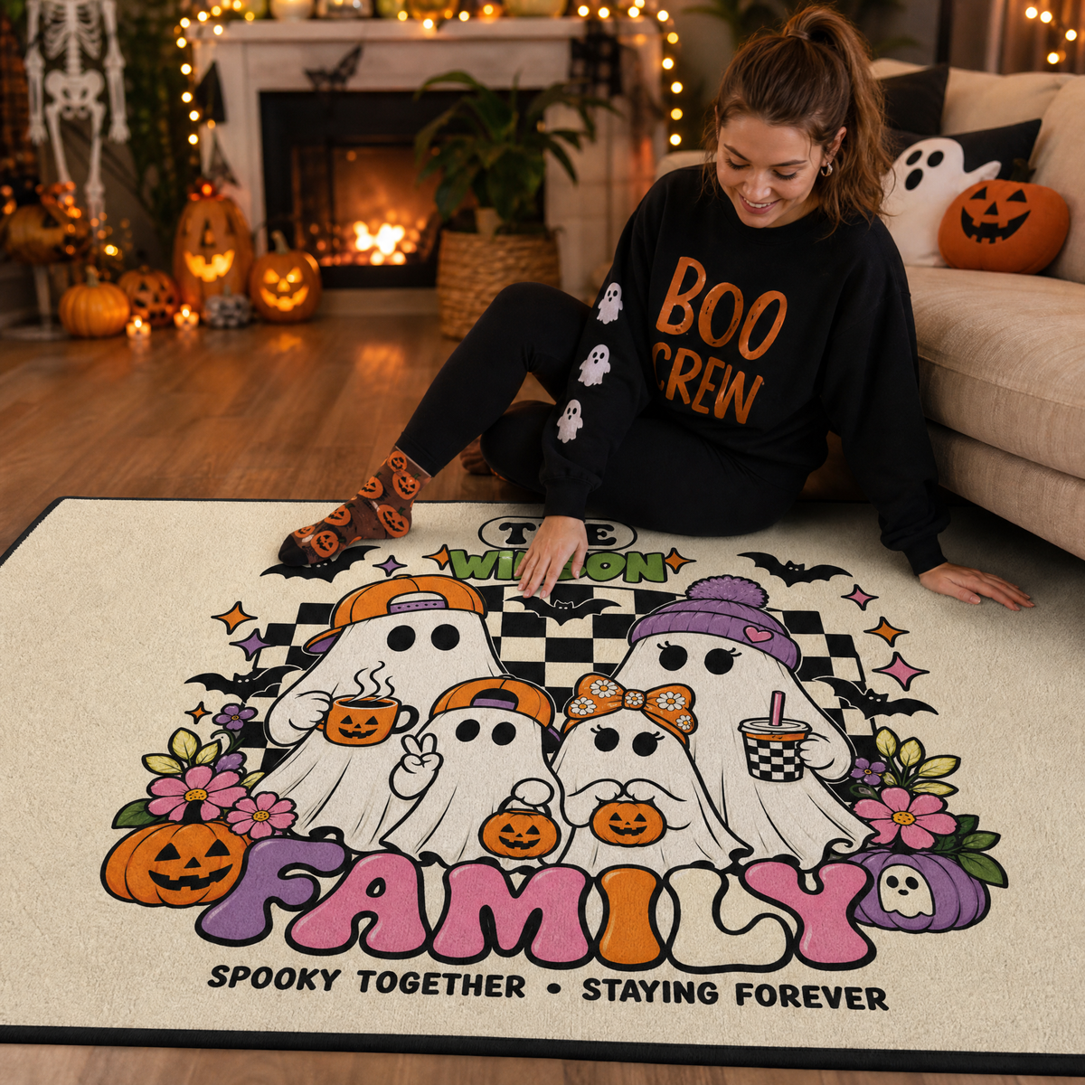 Personalized Halloween Cute Groovy Ghost Family Rug Custom Name Home Decor Floor Mat