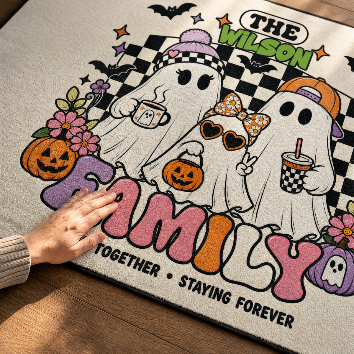 Personalized Halloween Cute Groovy Ghost Family Rug Custom Name Home Decor Floor Mat