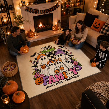 Personalized Halloween Cute Groovy Ghost Family Rug Custom Name Home Decor Floor Mat