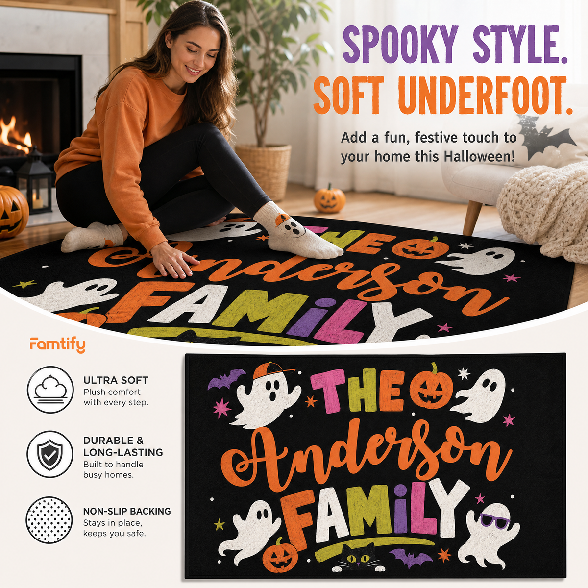 Personalized Halloween Playful Ghost Black Cat Rug Custom Family Name Home Decor Floor Mat