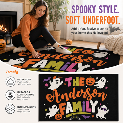 Personalized Halloween Playful Ghost Black Cat Rug Custom Family Name Home Decor Floor Mat