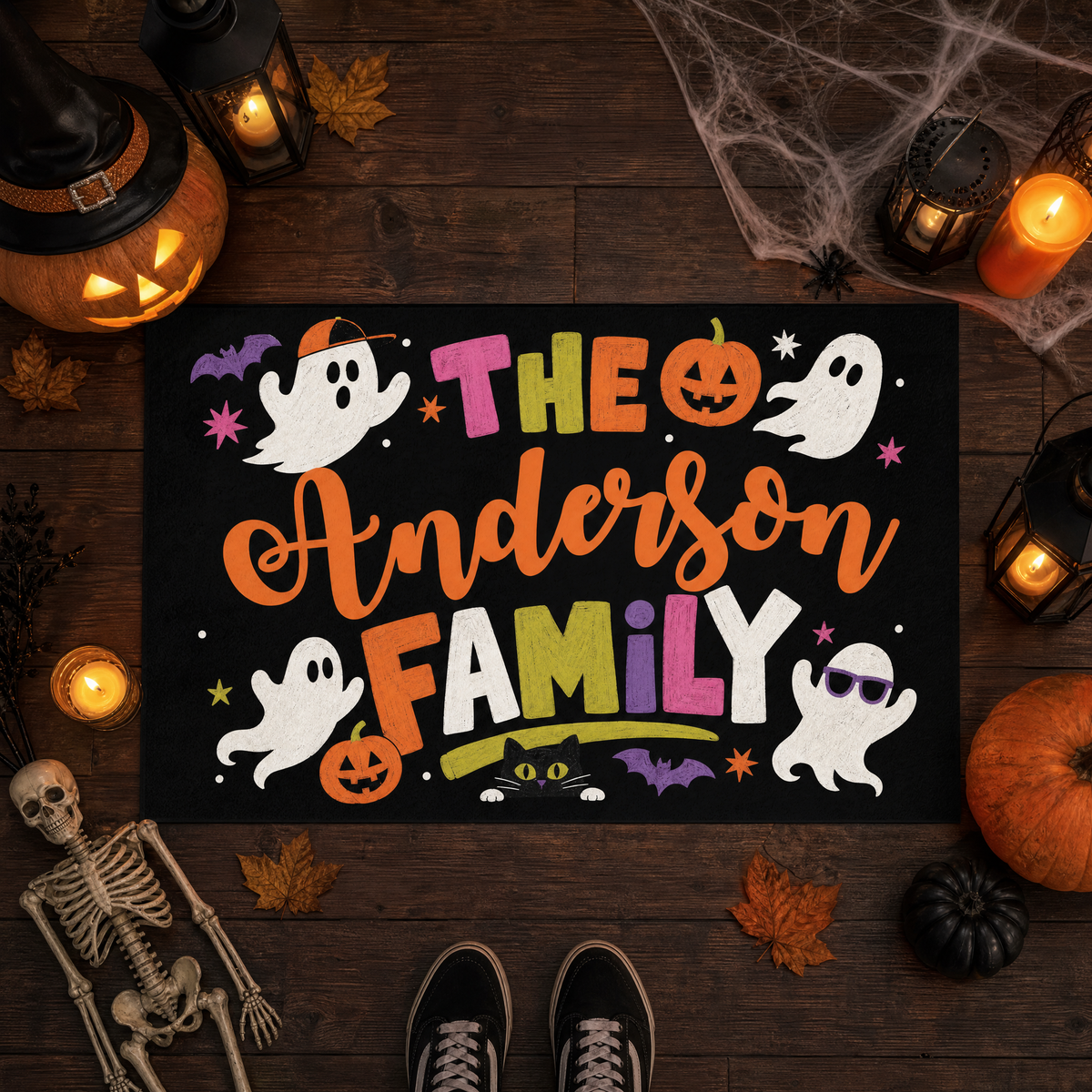 Personalized Halloween Playful Ghost Black Cat Rug Custom Family Name Home Decor Floor Mat