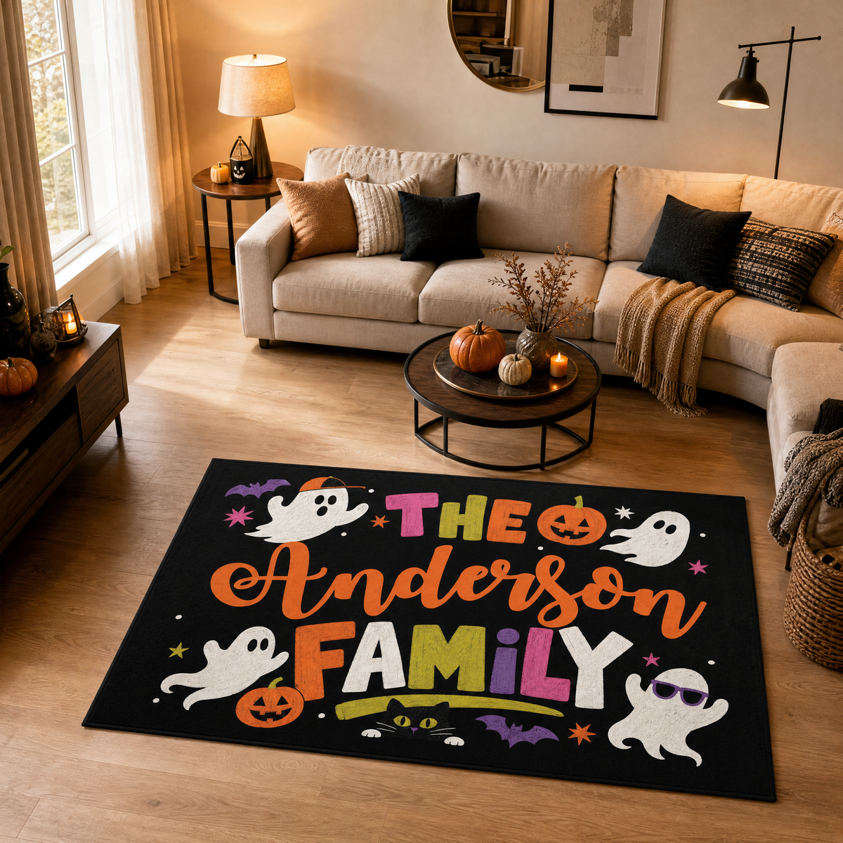 Personalized Halloween Playful Ghost Black Cat Rug Custom Family Name Home Decor Floor Mat