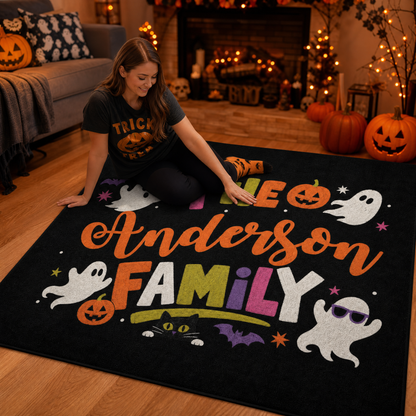 Personalized Halloween Playful Ghost Black Cat Rug Custom Family Name Home Decor Floor Mat