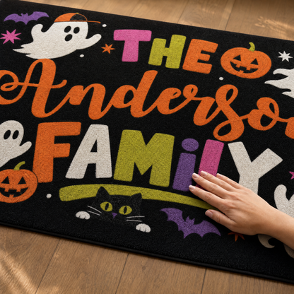 Personalized Halloween Playful Ghost Black Cat Rug Custom Family Name Home Decor Floor Mat