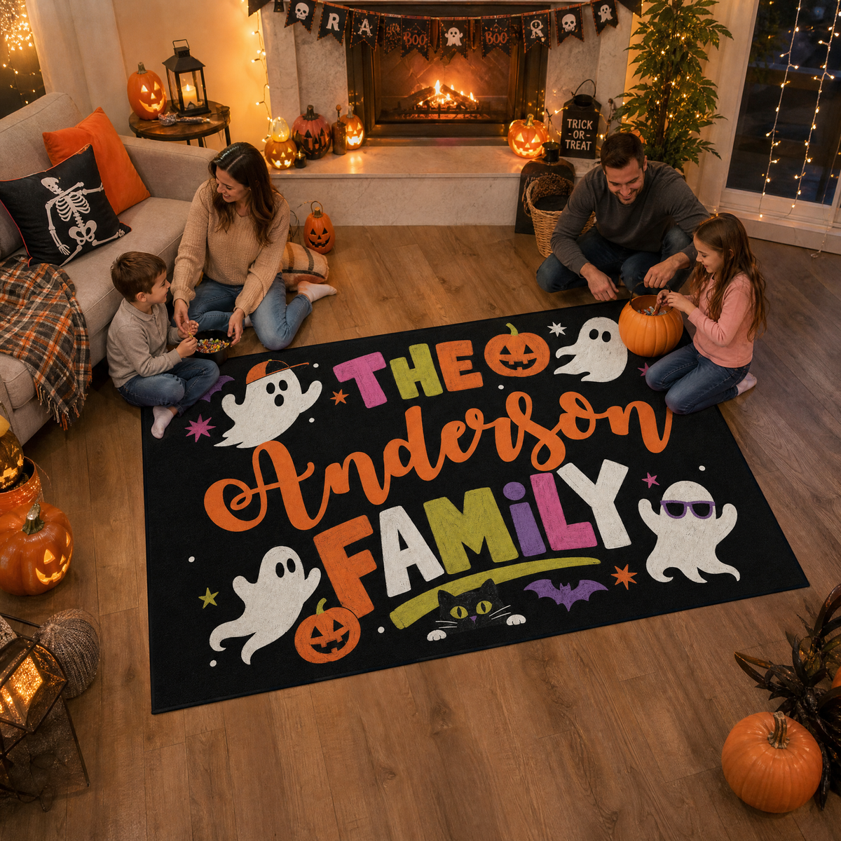 Personalized Halloween Playful Ghost Black Cat Rug Custom Family Name Home Decor Floor Mat