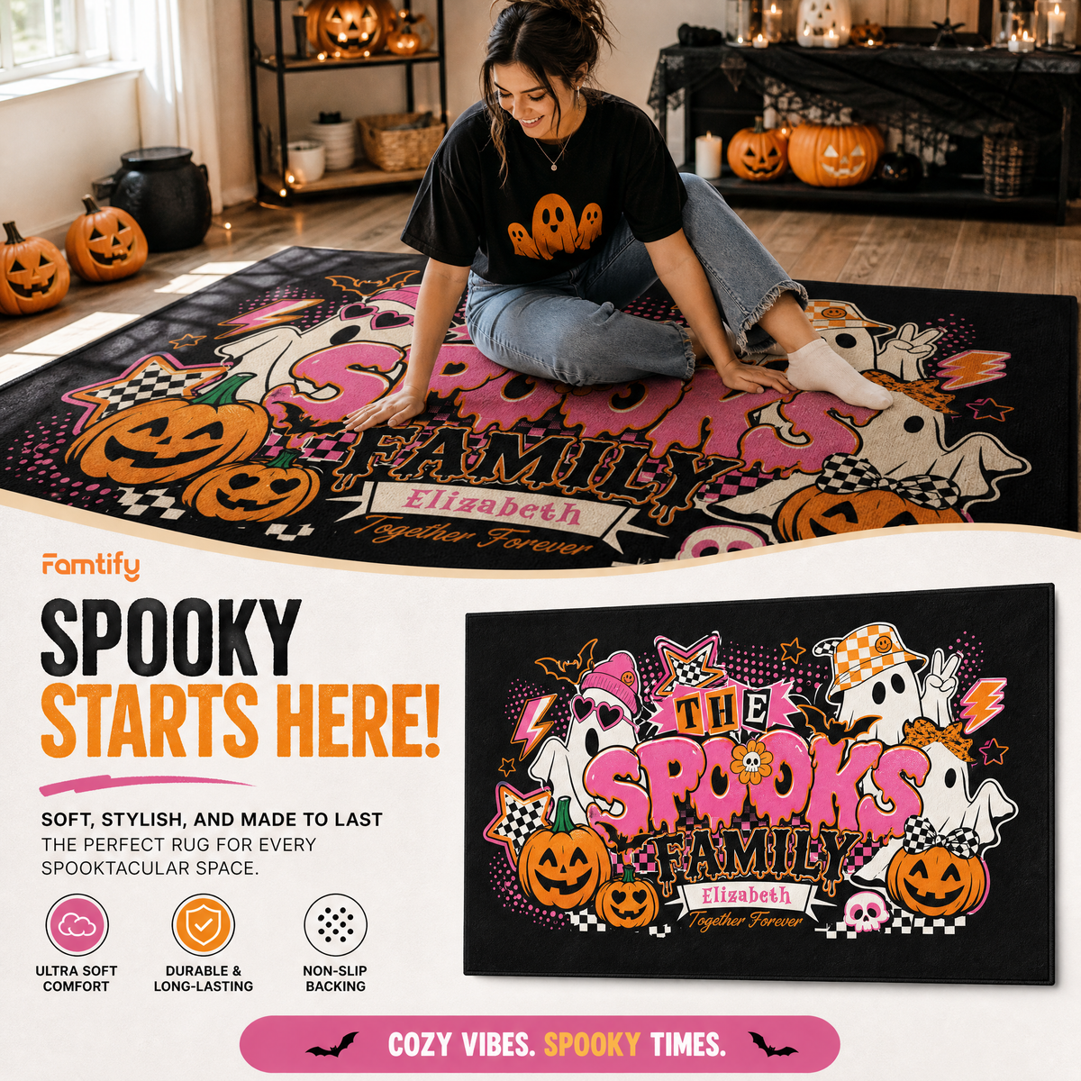 Personalized Halloween Y2K Retro Spooks Family Ghost Rug Custom Name Home Decor Floor Mat