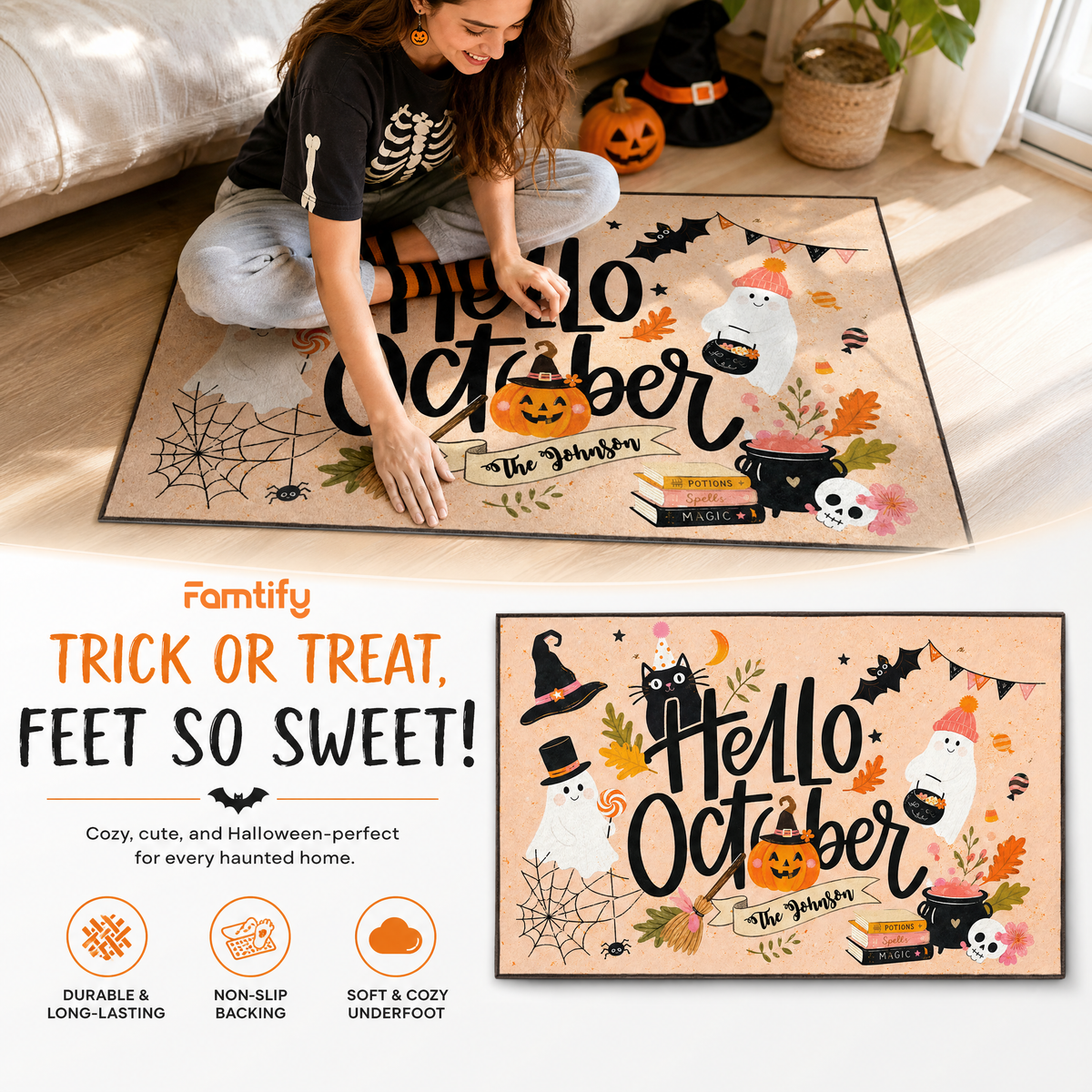 Personalized Hello October Ghost Black Cat Rug Custom Family Name Home Decor Floor Mat