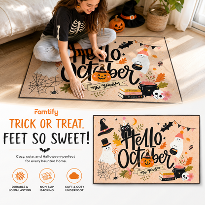 Personalized Hello October Ghost Black Cat Rug Custom Family Name Home Decor Floor Mat