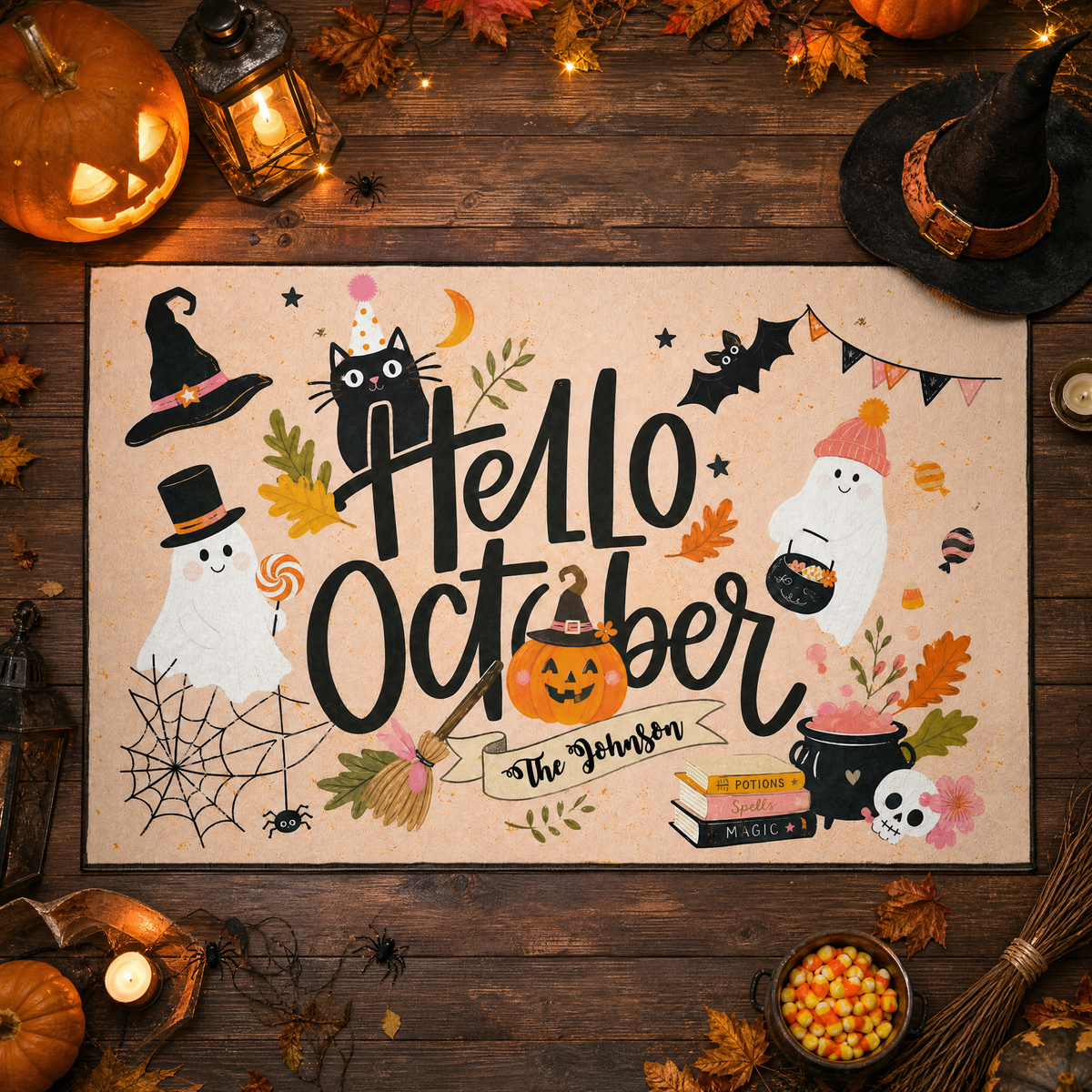 Personalized Hello October Ghost Black Cat Rug Custom Family Name Home Decor Floor Mat