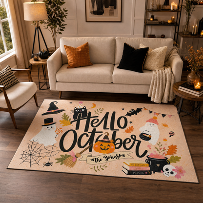 Personalized Hello October Ghost Black Cat Rug Custom Family Name Home Decor Floor Mat
