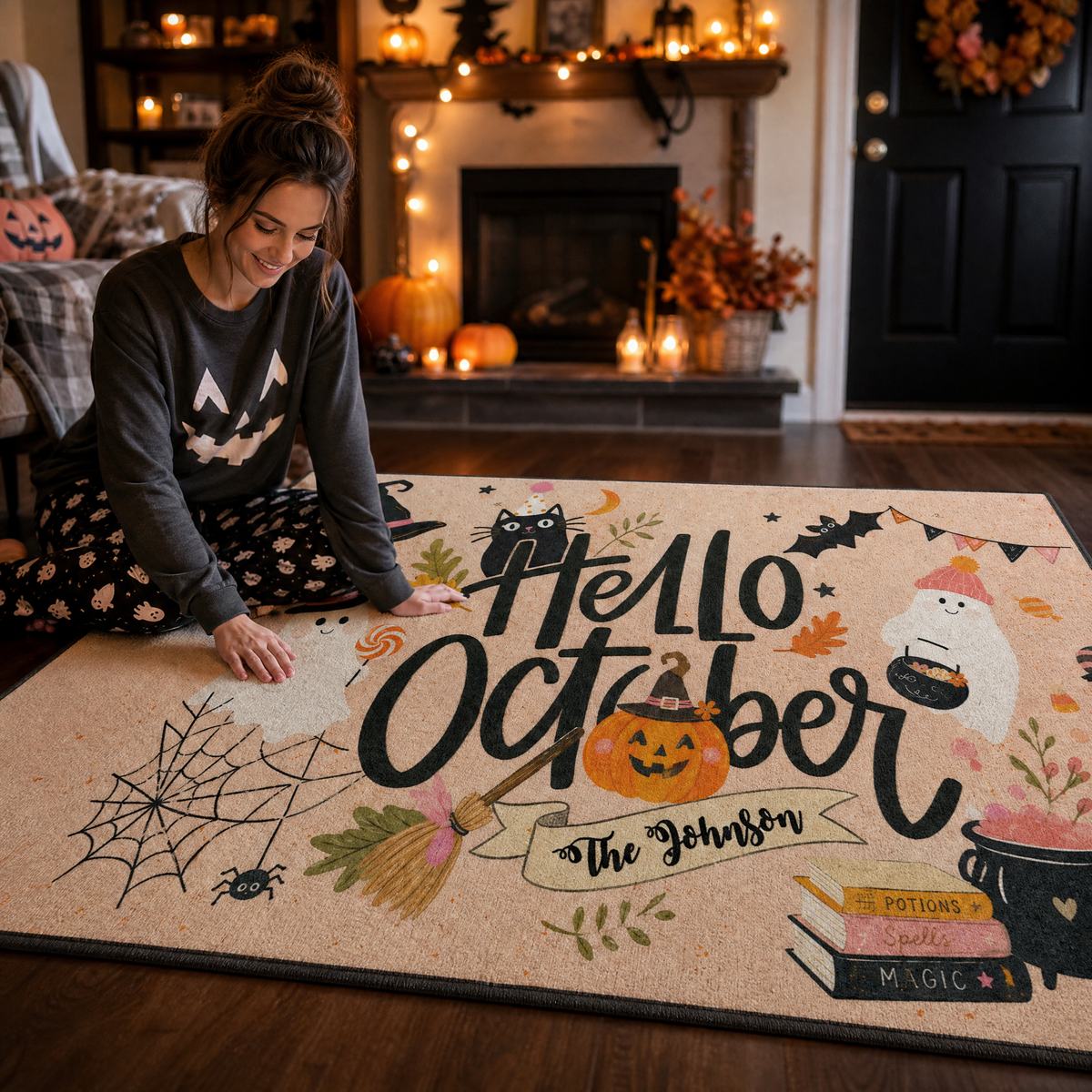 Personalized Hello October Ghost Black Cat Rug Custom Family Name Home Decor Floor Mat
