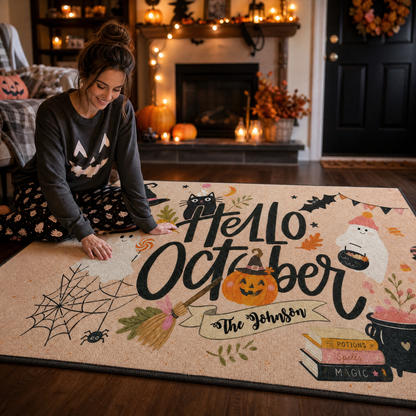 Personalized Hello October Ghost Black Cat Rug Custom Family Name Home Decor Floor Mat