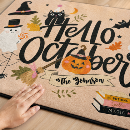 Personalized Hello October Ghost Black Cat Rug Custom Family Name Home Decor Floor Mat