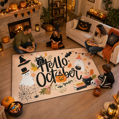 Personalized Hello October Ghost Black Cat Rug Custom Family Name Home Decor Floor Mat