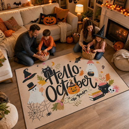 Personalized Hello October Ghost Black Cat Rug Custom Family Name Home Decor Floor Mat