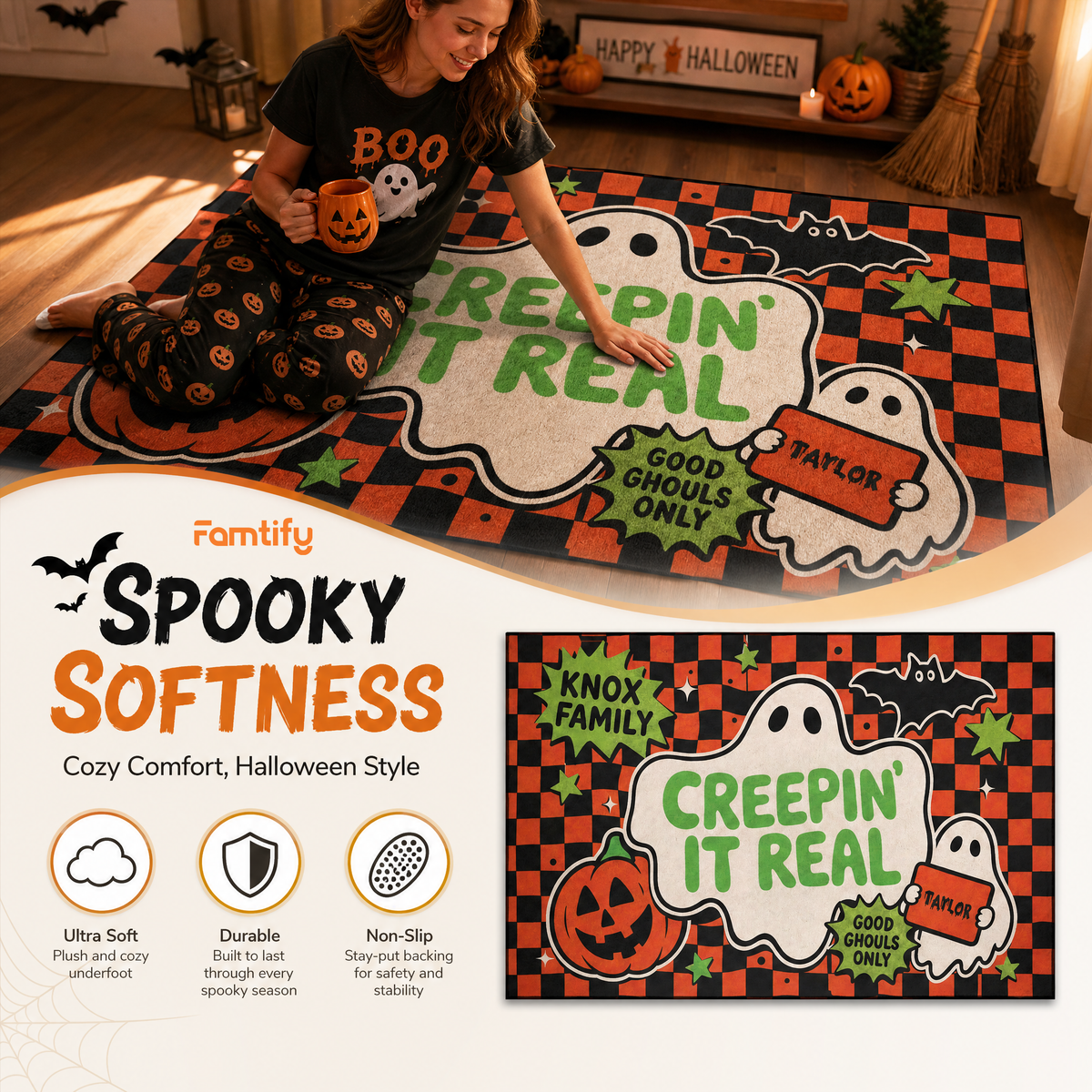 Personalized Halloween Creepin It Real Ghost Rug Custom Family Name Home Decor Floor Mat