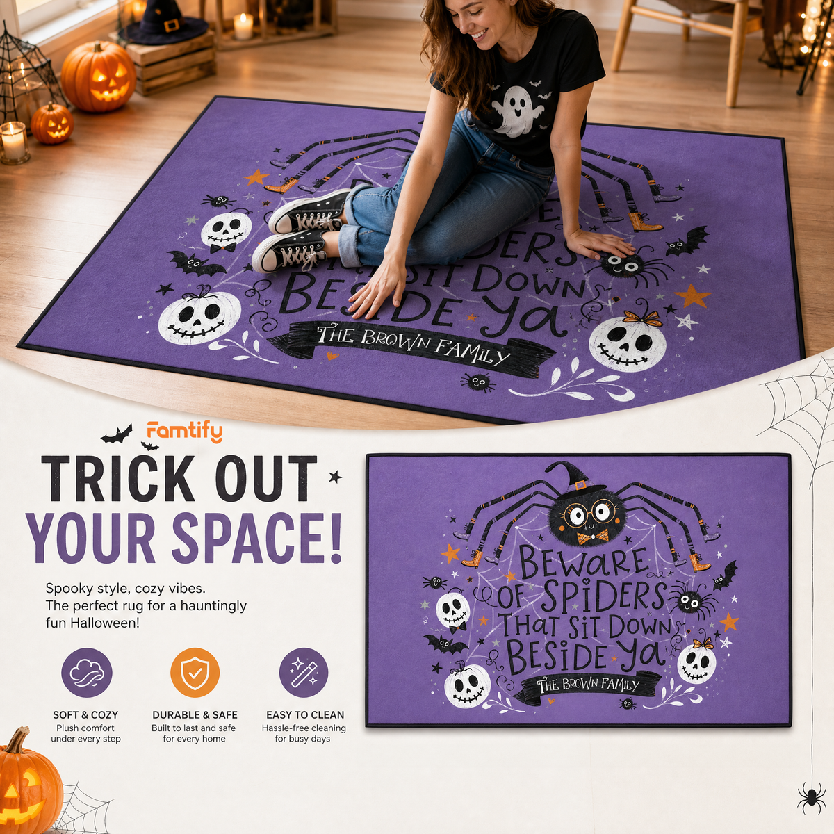 Personalized Halloween Beware Of Spiders Cute Witch Spider Rug Custom Family Name Home Decor Floor Mat