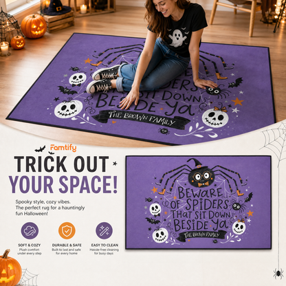 Personalized Halloween Beware Of Spiders Cute Witch Spider Rug Custom Family Name Home Decor Floor Mat