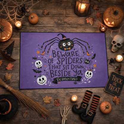 Personalized Halloween Beware Of Spiders Cute Witch Spider Rug Custom Family Name Home Decor Floor Mat