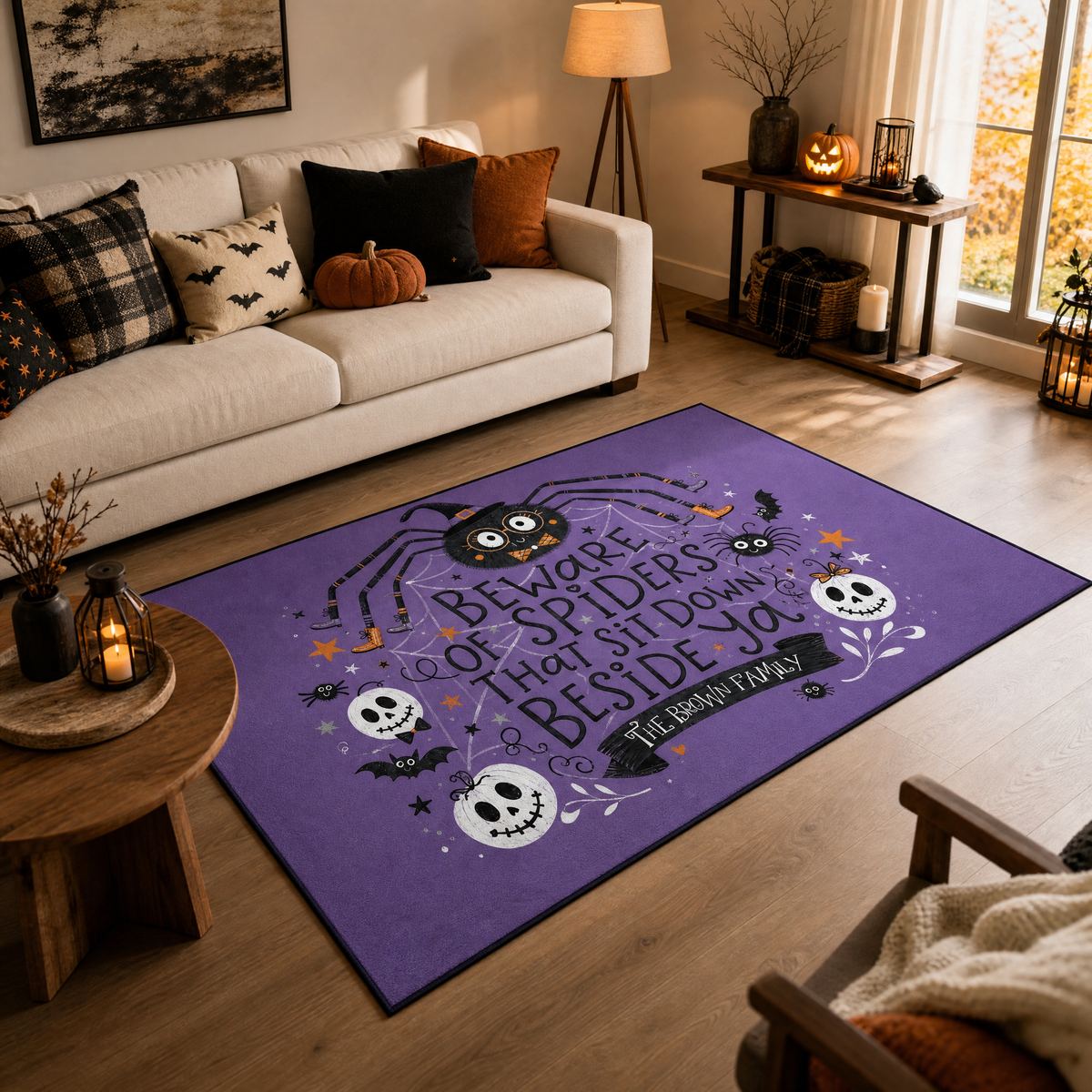 Personalized Halloween Beware Of Spiders Cute Witch Spider Rug Custom Family Name Home Decor Floor Mat