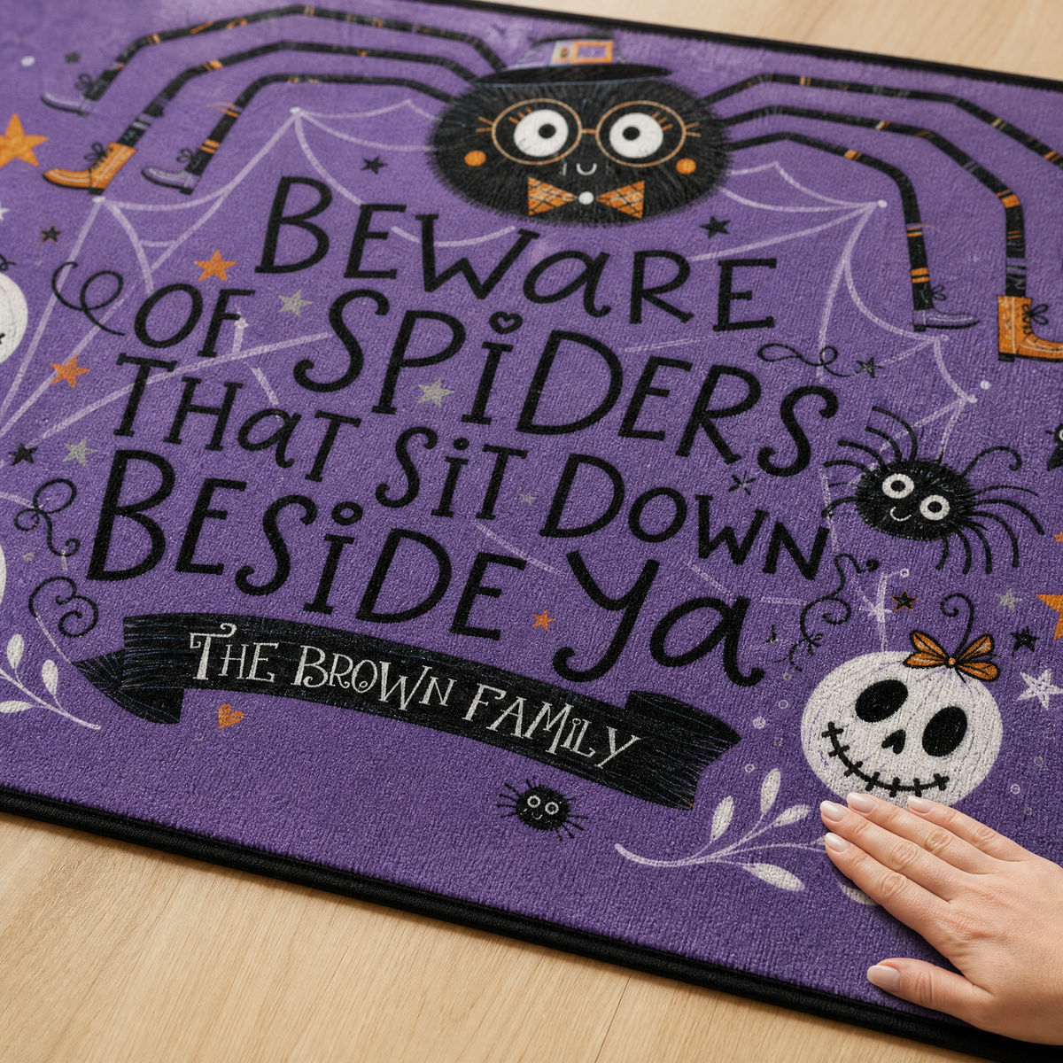 Personalized Halloween Beware Of Spiders Cute Witch Spider Rug Custom Family Name Home Decor Floor Mat