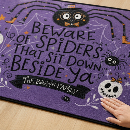 Personalized Halloween Beware Of Spiders Cute Witch Spider Rug Custom Family Name Home Decor Floor Mat