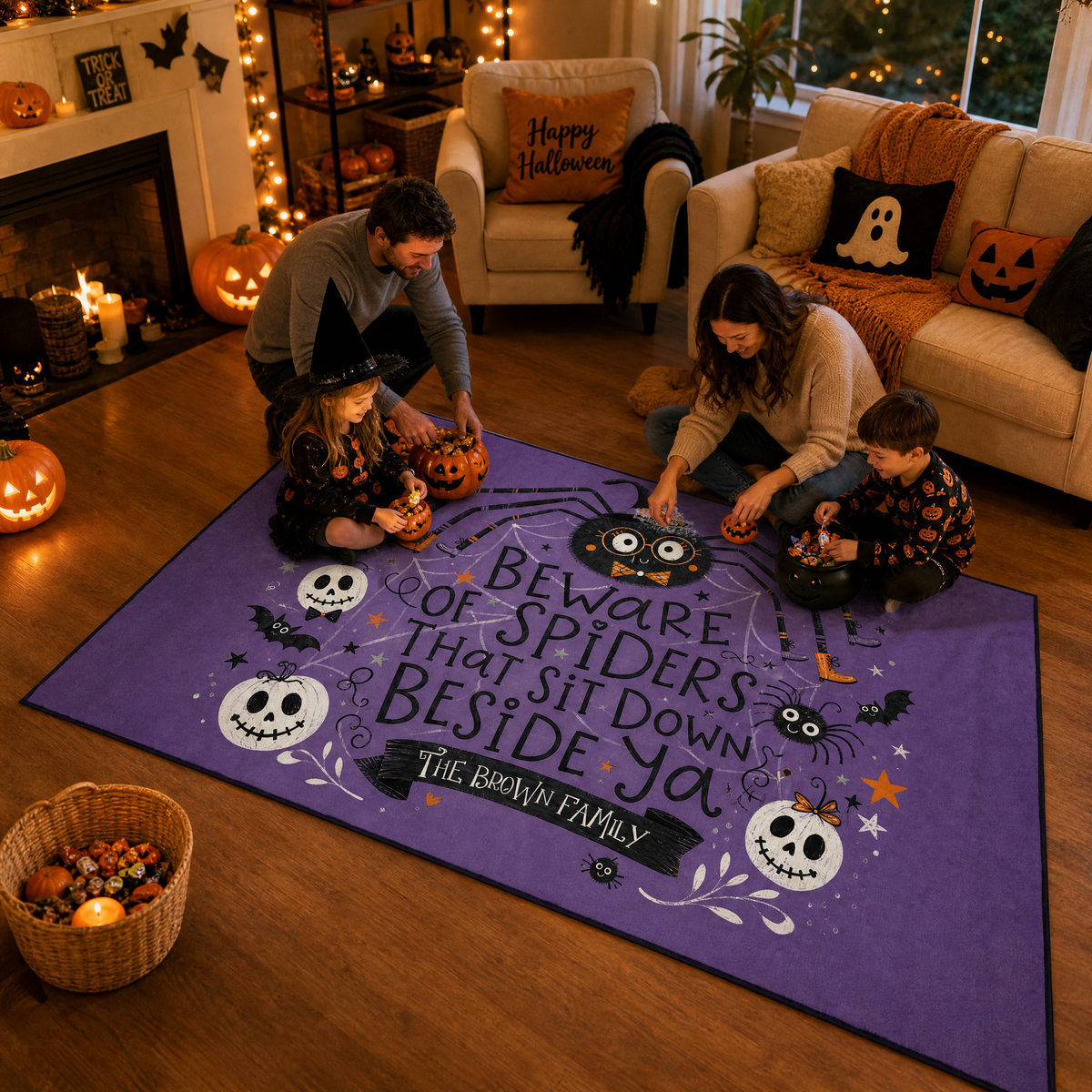 Personalized Halloween Beware Of Spiders Cute Witch Spider Rug Custom Family Name Home Decor Floor Mat