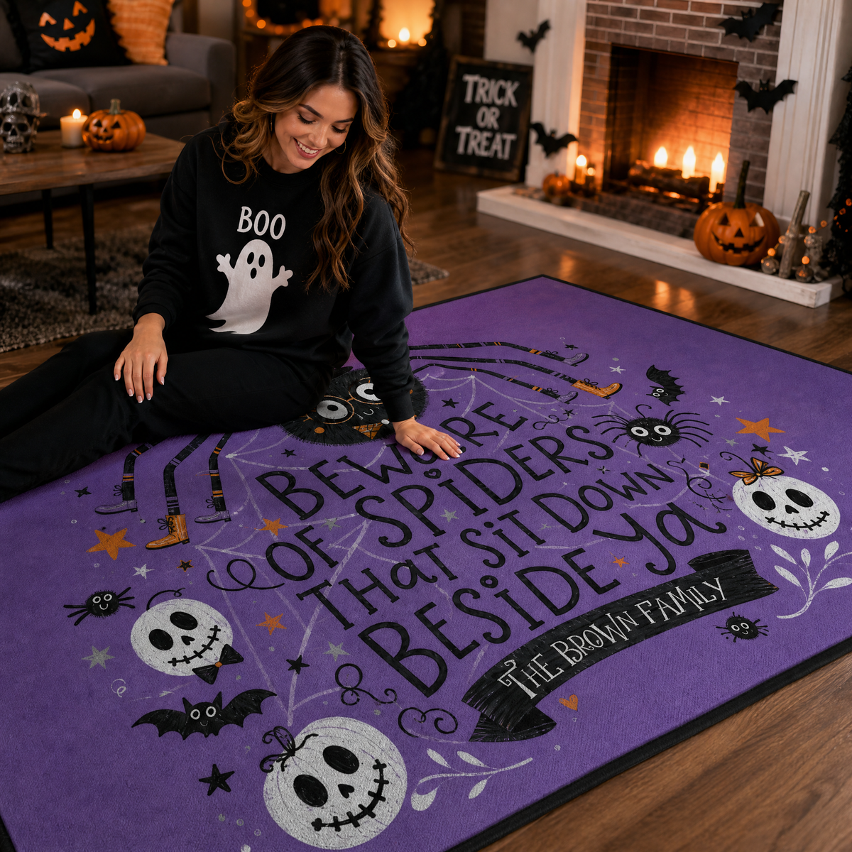 Personalized Halloween Beware Of Spiders Cute Witch Spider Rug Custom Family Name Home Decor Floor Mat