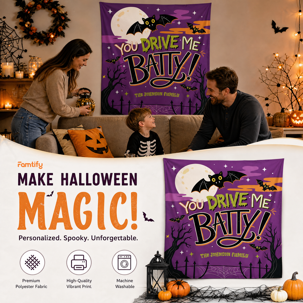 Make Halloween Magic banner showing a family with the Batty tapestry plus polyester fabric, vivid print and washable icons