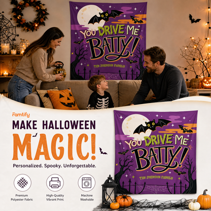 Make Halloween Magic banner showing a family with the Batty tapestry plus polyester fabric, vivid print and washable icons