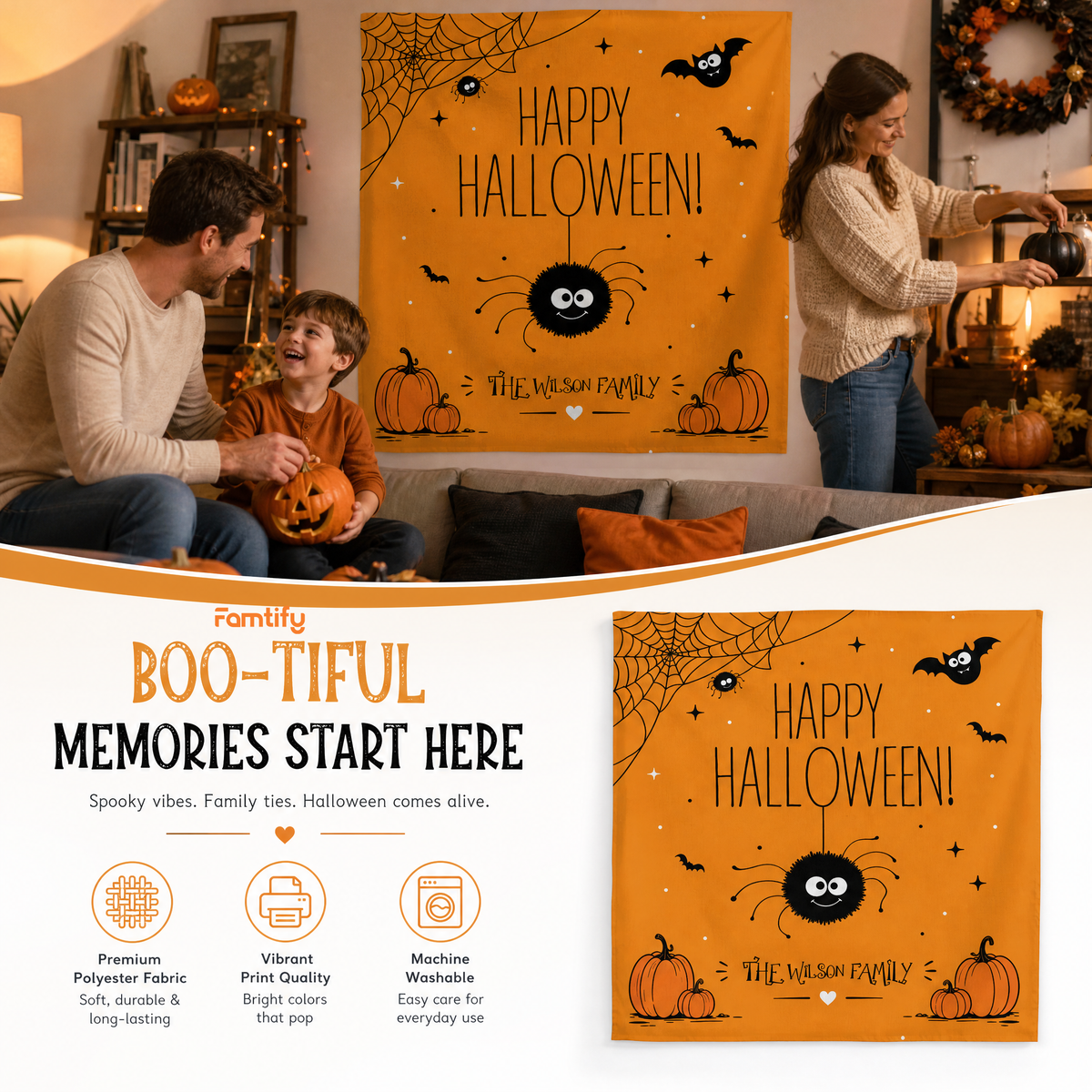 Boo-tiful Memories Start Here banner with a family and the orange spider web Halloween tapestry