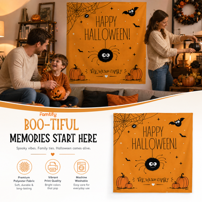 Boo-tiful Memories Start Here banner with a family and the orange spider web Halloween tapestry