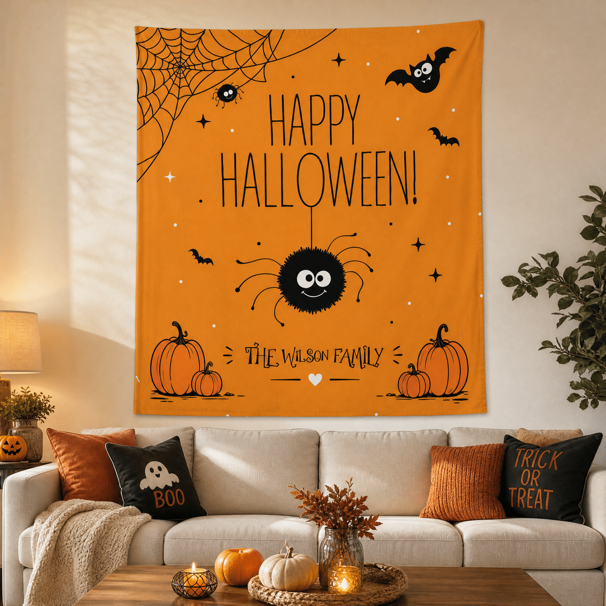 Orange spider Halloween tapestry above a cream sofa with Boo and Trick or Treat pillows