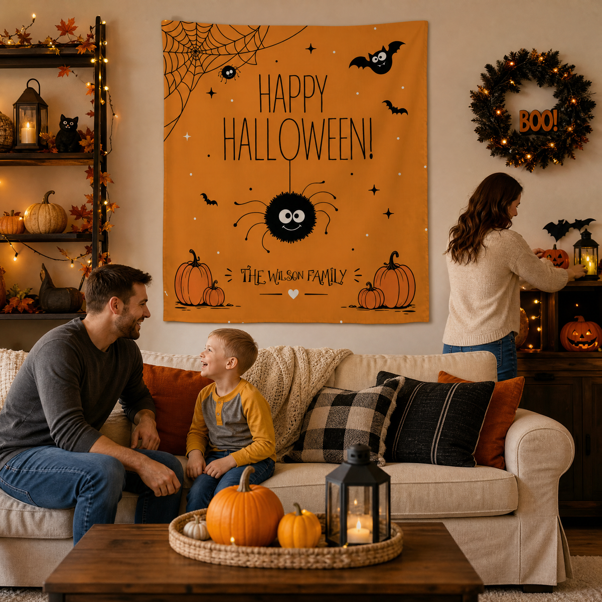 Family relaxing on a sofa under the personalized orange spider web Halloween tapestry