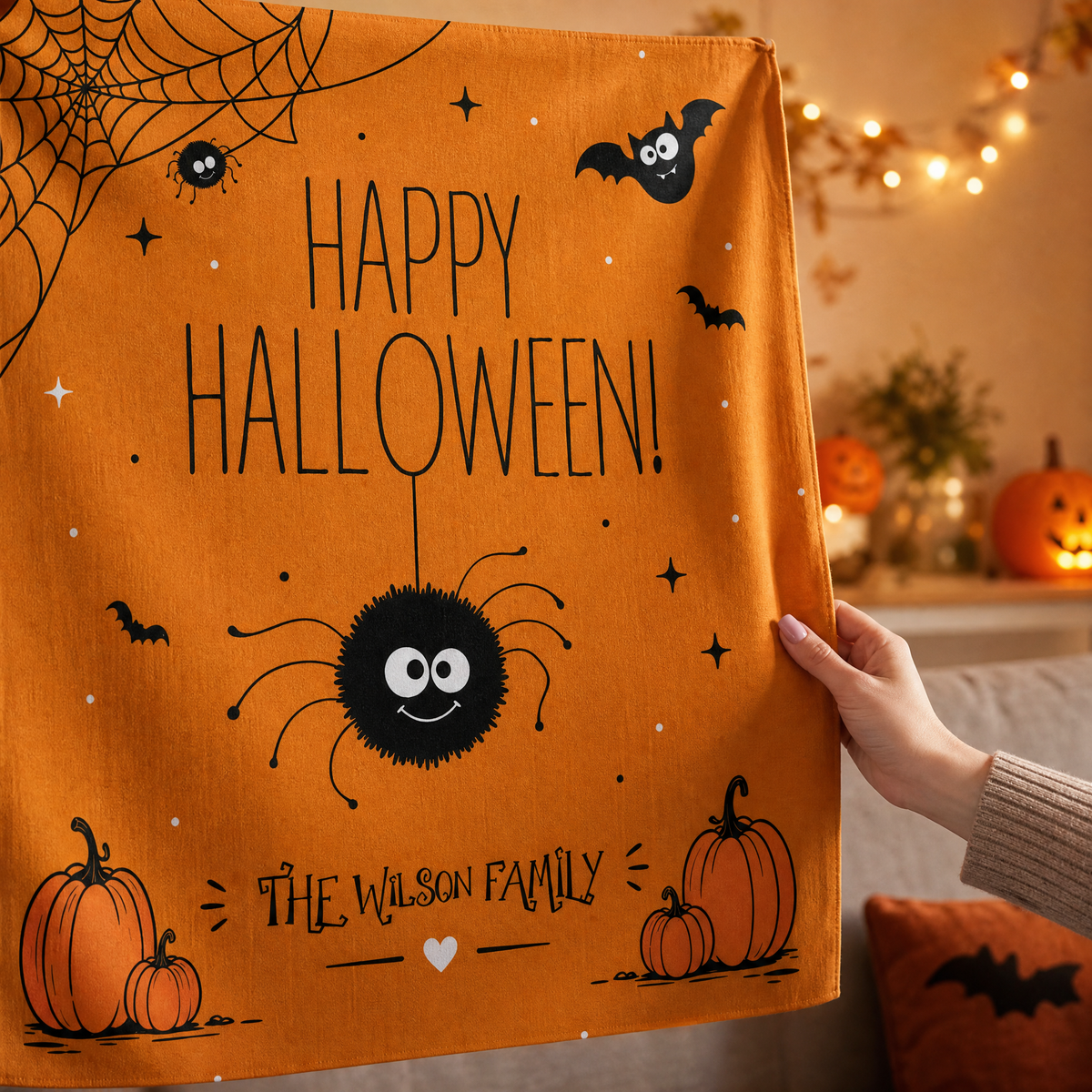Hand lifting the corner of the orange Happy Halloween spider tapestry with a custom family name