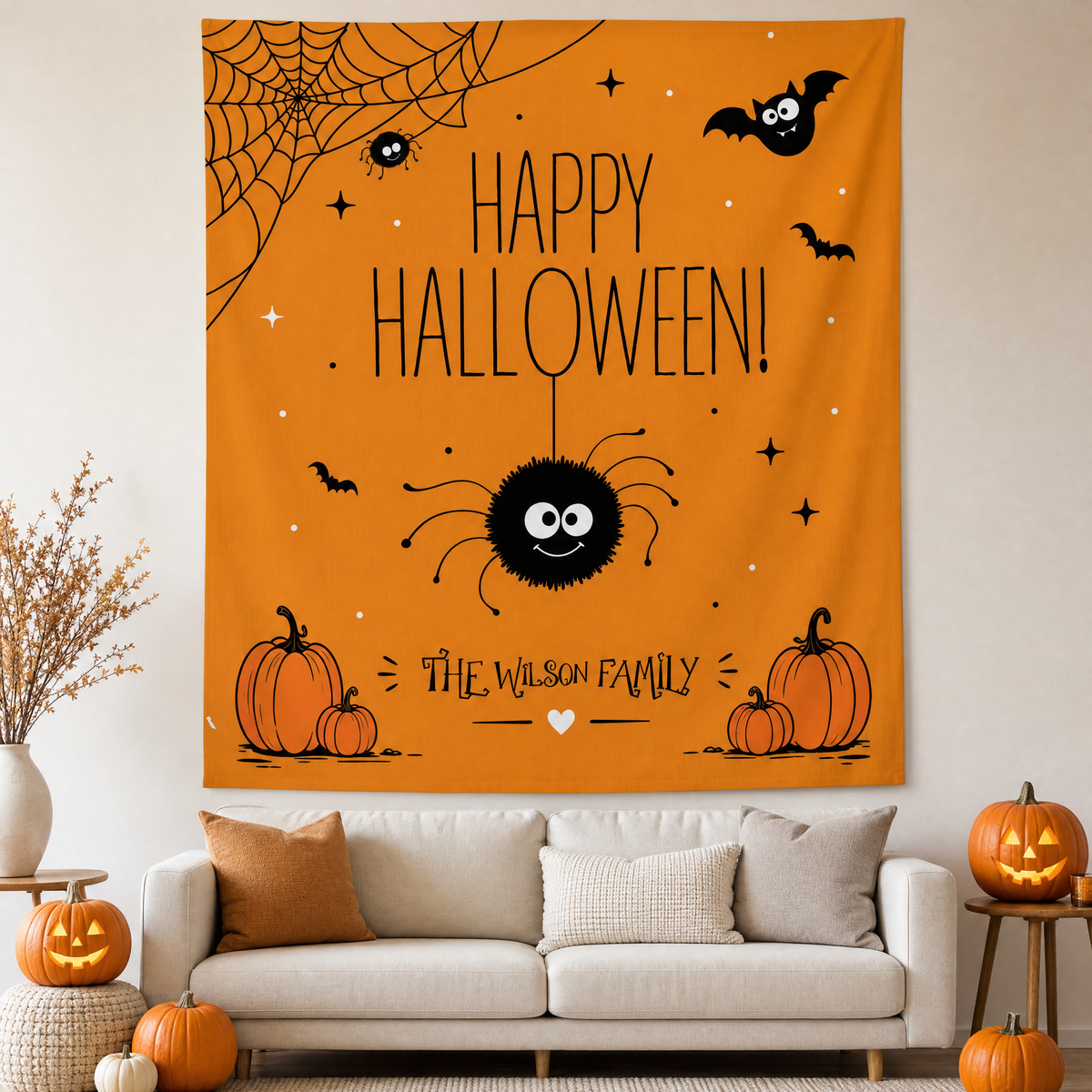 Orange Happy Halloween tapestry with a cute fuzzy spider, spider web, bats, pumpkins and a custom family name