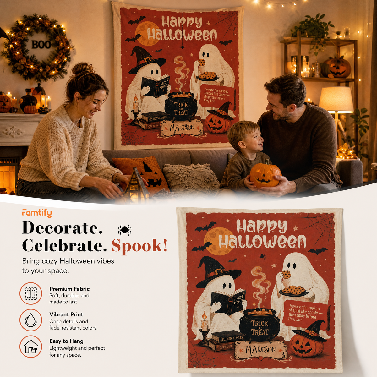 Decorate. Celebrate. Spook banner with a family and the reading ghost cookie tapestry
