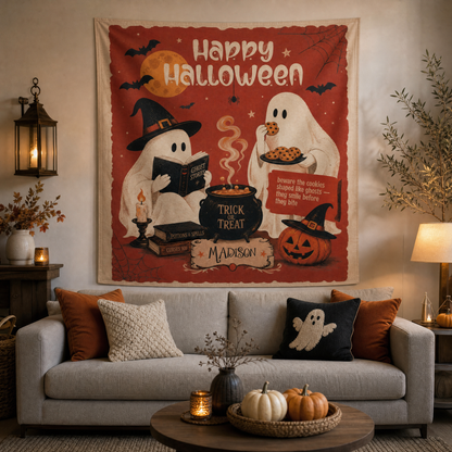 Red Happy Halloween ghost tapestry over a sofa with a ghost pillow, pumpkins and candles