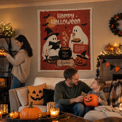 Family in a cozy living room with pumpkins beneath the personalized vintage ghost Halloween tapestry
