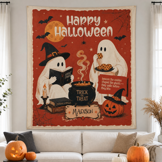 Vintage red Happy Halloween tapestry with a reading ghost, a cookie ghost, a Trick or Treat cauldron and a custom name above a white sofa
