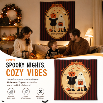 Personalized Vintage Halloween Pumpkin Head Ghost Trick Or Treat Tapestry Wall Hanging Custom Name Seasonal Backdrop